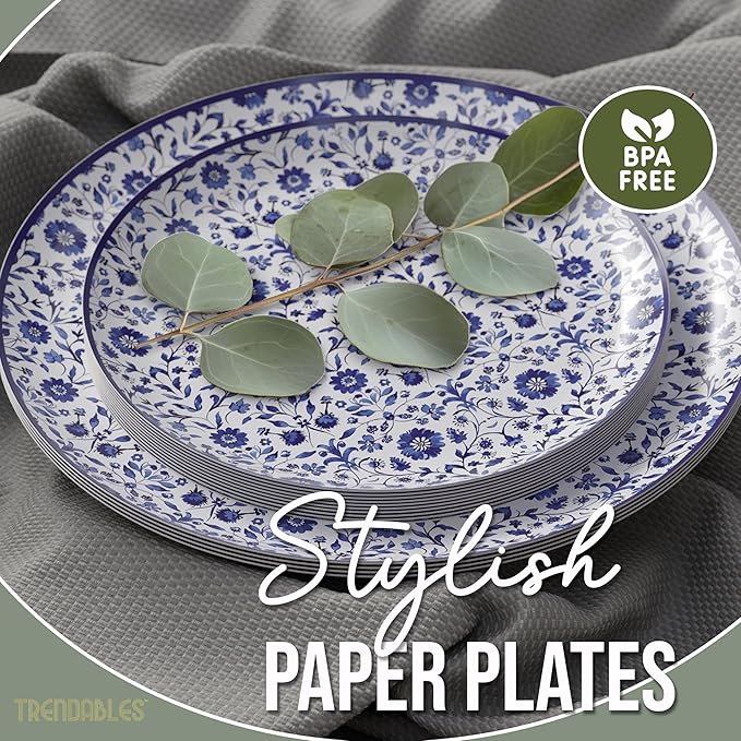 Trendables Heavy Duty Paper Plates Set For 32 Guests - 32 Each Of 8-inch And 10-inch Disposable Plates For Party - Fancy 64 Piece Dinnerware Set For All Occasions | Floral Design, Florentine