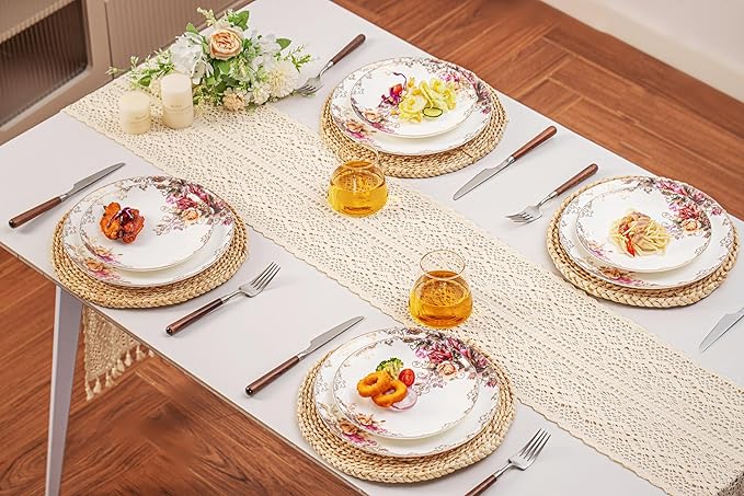 Bone China Plates and Bowels,12-Pieces Dinnerware Sets, Highly Chip and Crack Resistant, Dishwasher & Microwave Safe Dishes Set, Dense and Translucence