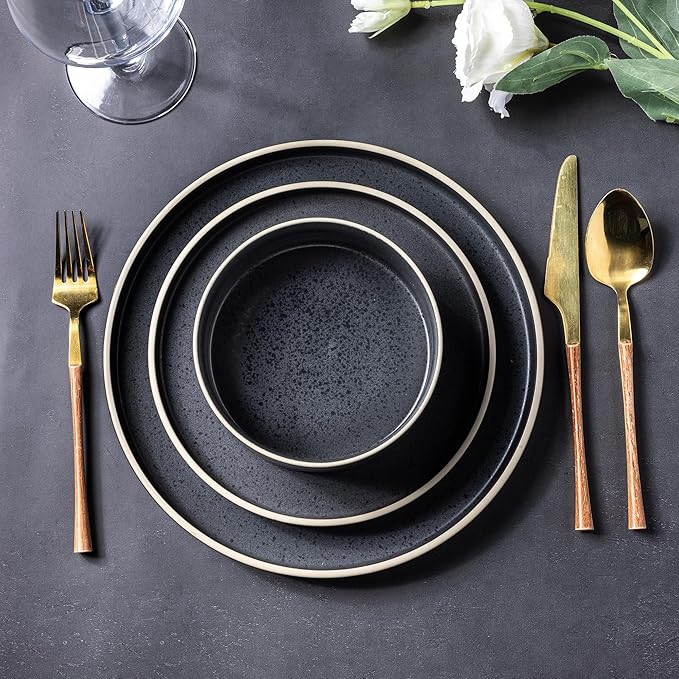 LERATIO Ceramic Dinnerware Sets for 6, High Edge Stoneware Plates and Bowls Set, Chip and Crack Resistant | Oven & Dishwasher & Microwave Safe Dishes Set, Service for 6 -Speckeld Black