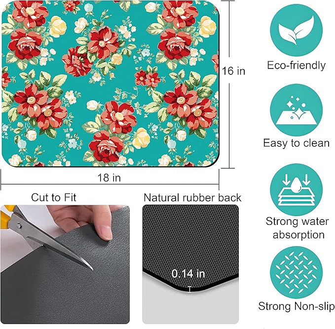 Rubber Dish Drying Mat for Kitchen Counter Large Boho Flowers Washable Quick Home Coffee Pad Fit Under Sink,Bar,Utensils 16x18in