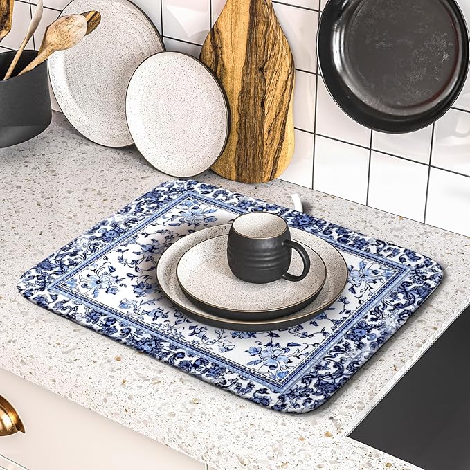 Boho Floral Dish Drying Mat 16x18 Inch Blue Leaves Kitchen Drying Pad Reversible Absorbent Dish Drainer Rack Mats Counter Tableware Decor