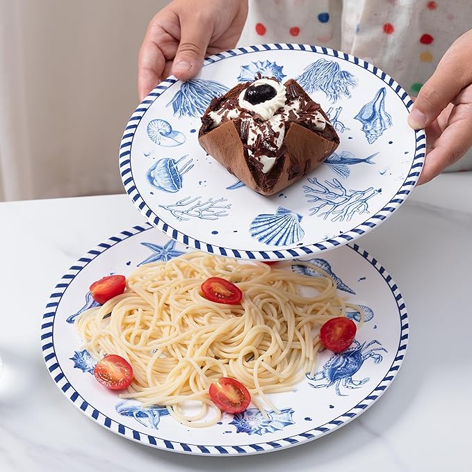 LEHAHA 12-Piece Coastal Melamine Dinnerware Set Service for 4, Unbreakable & Lightweight Round Plates and Bowls Set, Outdoor Dish Set for Patio, Camper, RV, Indoor Outdoor Use with Ocean Printed