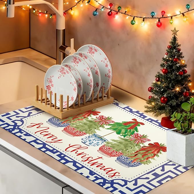 Chinoiserie Merry Christmas Tree Dish Drying Mat, Red Bow Xmas Tree Coffee Bar Mat for Countertops, Grandmillennial Xmas Absorbent Dish Drying Mats for Kitchen Counter Coffee Maker, 16x24 Inch