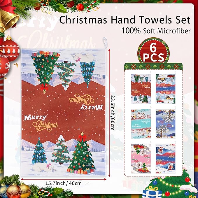 Christmas Kitchen Towels Xmas Hand Towel Decorative - Tea Towel Winter Snowy Decor Towel Absorbent Sets with Hanging Loop for Dish Holiday Garden Farmhouse Bathroom, 6 Pcs