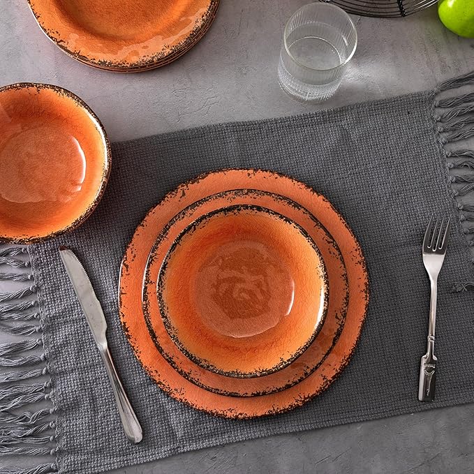 LEHAHA 12 Piece Crackle Lightweight Melamine Dinnerware Set-Service for 4, break-resistant and Durable Rustic Plates and Bowls Dishware Sets Perfect for Patio and Outdoor Activities