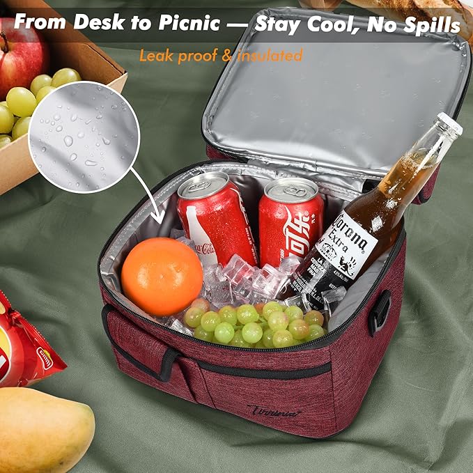 Tirrinia Reusable Lunch Box for Men Women, Insulated Lunch Bag Adult Work, Double Decker Leakproof Lunchbox for Office Picnic Beach—Dual Compartment Lunch Cooler Bag,Red