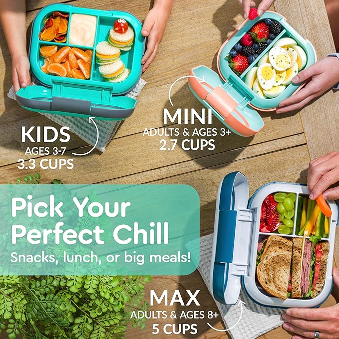 Bentgo Chill Kids Leak-Proof Lunch Box - 4-Compartment Bento Box with Built-In Ice Pack, 3.3 Cup Capacity, PFAS & BPA-Free, Microwave & Dishwasher Safe, Ideal Size for Ages 3 to 7 (Aqua)