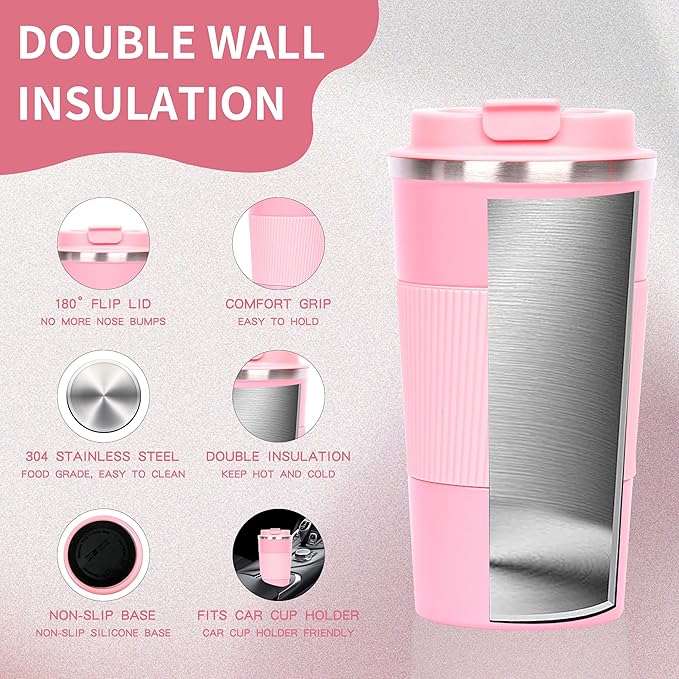 Coffee cups, mugs 17 oz - Insulated Coffee Travel Mug Spill Proof with Leak Proof Lid Vacuum Stainless Steel Insulated Mug Coffee Carry-On, Reusable Coffee Mug (pink)