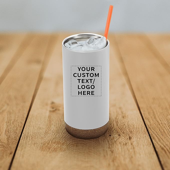 Custom Travel Tumblers with Cork Bottom 16 oz. Set of 10, Personalized Bulk Pack - Double Wall Insulated, Matte Finish, Perfect for Iced Coffee, Soda, Other Beverages - White