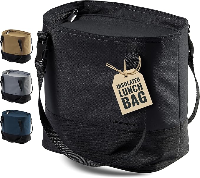 Bentoheaven Insulated Lunch Tote for Work - Durable Materials, Variable Strap/Handle, Wide Opening - Cooler Lunch Bag for Women & Men - Fits all major Bento Lunch Boxes and Other Containers (Black)