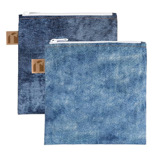Roamio Reusable Sandwich and Snack Bags, for Kids School Lunch and for Adults Portion, Washable Fabric, Waterproof Cloth Zip Bag, Pack Travel Pouch, Food-Safe Storage, Large 2-pk Faux Denim