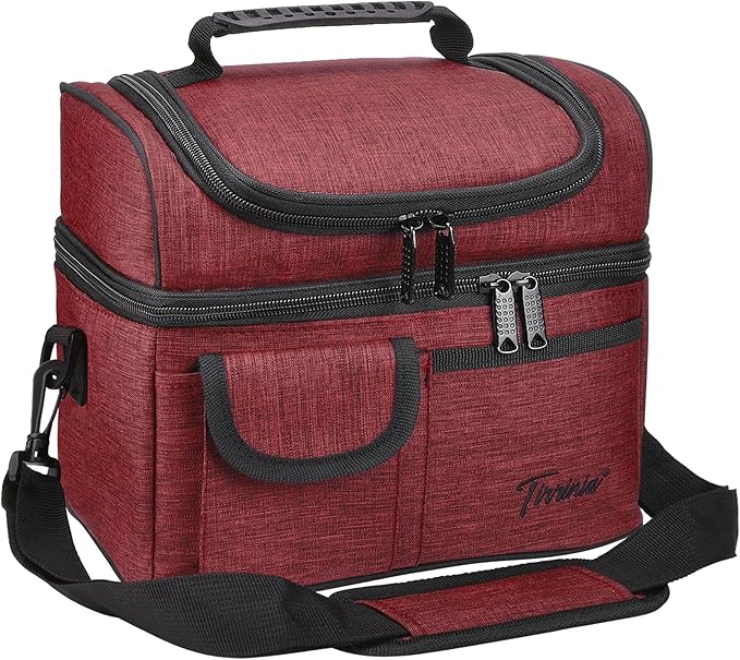 Tirrinia Reusable Lunch Box for Men Women, Insulated Lunch Bag Adult Work, Double Decker Leakproof Lunchbox for Office Picnic Beach—Dual Compartment Lunch Cooler Bag,Red