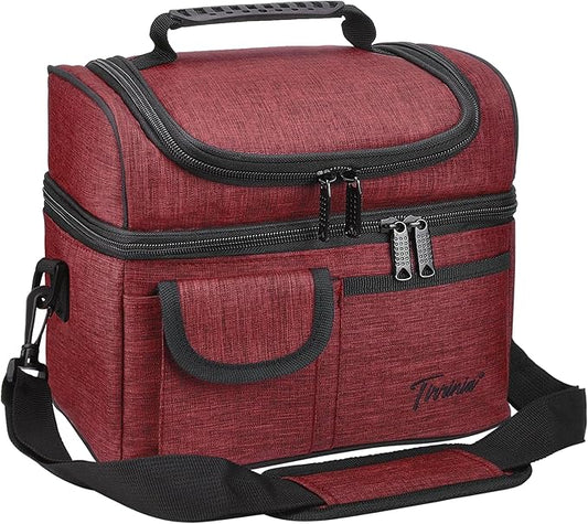 Tirrinia Reusable Lunch Box for Men Women, Insulated Lunch Bag Adult Work, Double Decker Leakproof Lunchbox for Office Picnic Beach—Dual Compartment Lunch Cooler Bag,Red