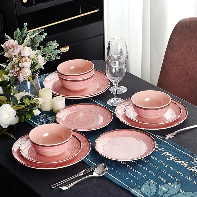 12Pcs Melamine Dinnerware Set, Plates And Bowls Sets for 4, Pink Color Dinnerware Sets, Melamine Plates Bowls Indoor and Outdoor Use Dish Set Dishwasher Safe BPA Free(Pink)