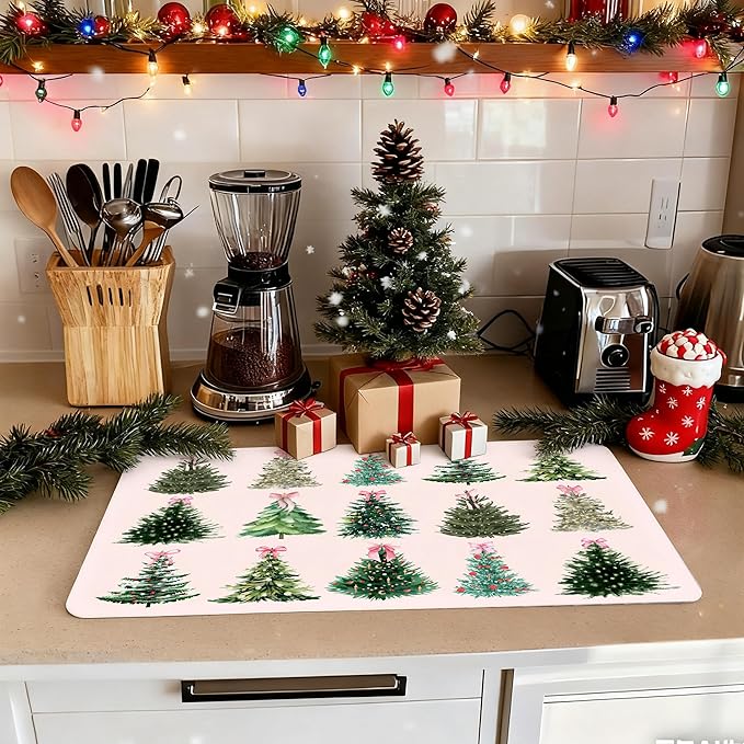 Pink Coquette Bow Christmas Tree Dish Drying Mat, Preppy Christmas Coffee Bar Mat for Countertops, Xmas Bauble Tree Absorbent Dish Drying Mats for Kitchen Counter Coffee Maker, 16x24 Inch
