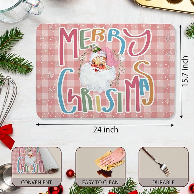 Pink Plaid Christmas Santa Dish Drying Mat, Winter Merry Christmas Coffee Bar Mat for Countertops, Preppy Santa Xmas Absorbent Dish Drying Mats for Kitchen Counter Coffee Maker, 16x24 Inch