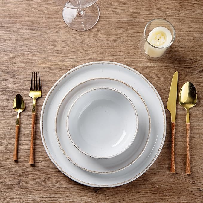 AmorArc 24 Pieces Ceramic Dinnerware Sets for 8, Handpainted Stoneware Plates and Bowls Set with Rustic Terracotta Underside, Scratch Resistant Dishes Set, Dishwasher & Microwave Safe, White