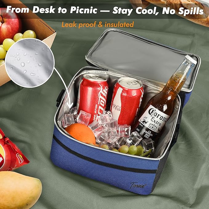 Tirrinia Reusable Lunch Box for Men Women, Insulated Lunch Bag Adult Work, Double Decker Leakproof Lunchbox for Office Picnic Beach—Dual Compartment Lunch Cooler Bag,Blue