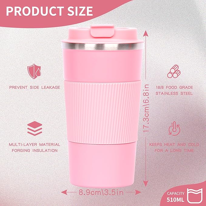 Coffee cups, mugs 17 oz - Insulated Coffee Travel Mug Spill Proof with Leak Proof Lid Vacuum Stainless Steel Insulated Mug Coffee Carry-On, Reusable Coffee Mug (pink)