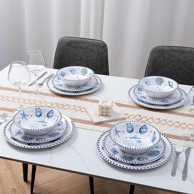 LEHAHA 12-Piece Coastal Melamine Dinnerware Set Service for 4, Unbreakable & Lightweight Round Plates and Bowls Set, Outdoor Dish Set for Patio, Camper, RV, Indoor Outdoor Use with Ocean Printed