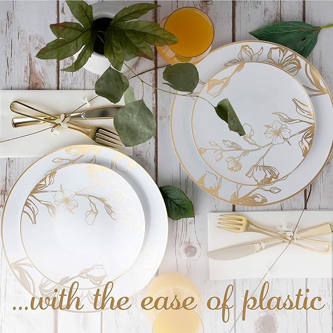 PLASTICPRO 60 Piece Combo Plates Set includes 30-7'' inch & 30-10'' inch White Plastic Floral Design Party Plates With Gold Rim, Premium heavyweight Elegant Disposable Tableware