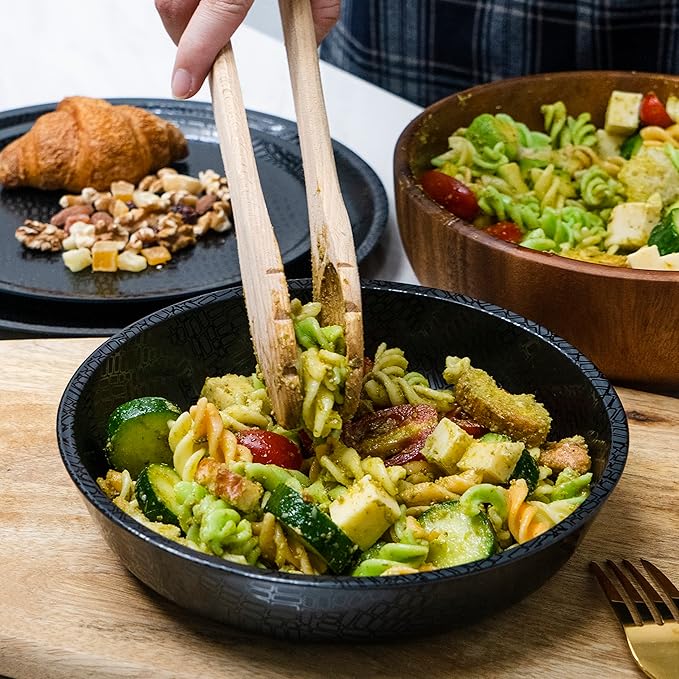 bzyoo 12 Piece Melamine Dinnerware Set - Durable, Dishwasher Safe Black Plates and Bowls - Casual Dining, Parties, Camping Dish Set Mono Black Collection