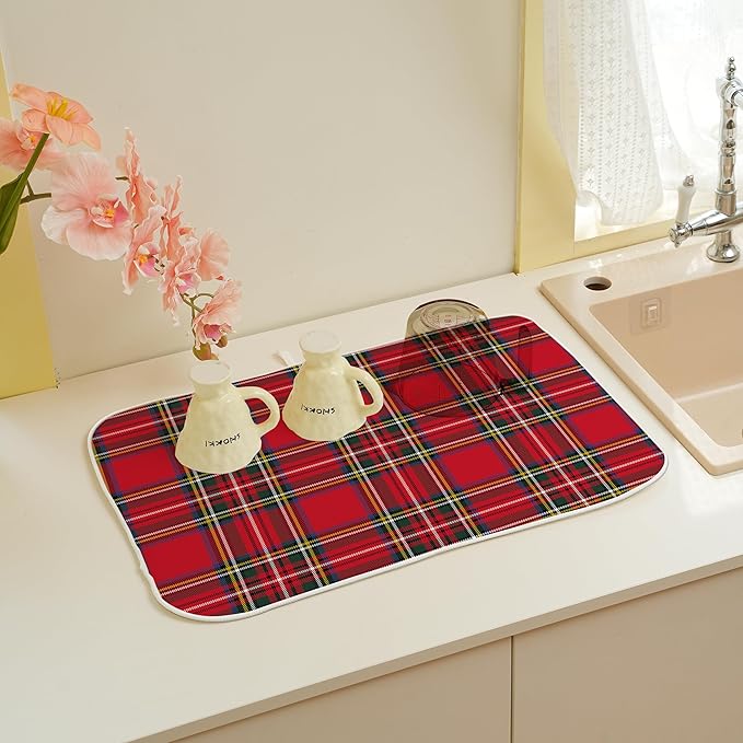 Christmas Buffalo Plaid Dish Drying Mats 18x24 Inch Red Drying Mats Xmas Winter Holiday Kitchen Decor Absorbent Drying Dish Pad Rack Drainer Mats for Kitchen Dining Room Counter