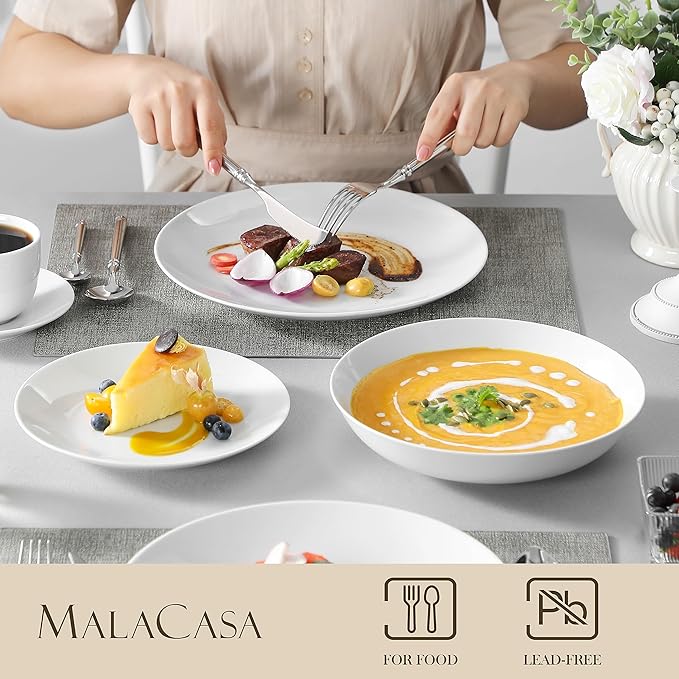 MALACASA 30-Piece Gourmet Porcelain Dinnerware Sets, Modern White Round Dish Set for 6 - Premium Serving Plates and Bowls Sets for Dessert, Salad, Soup, Pasta - Series AMELIA