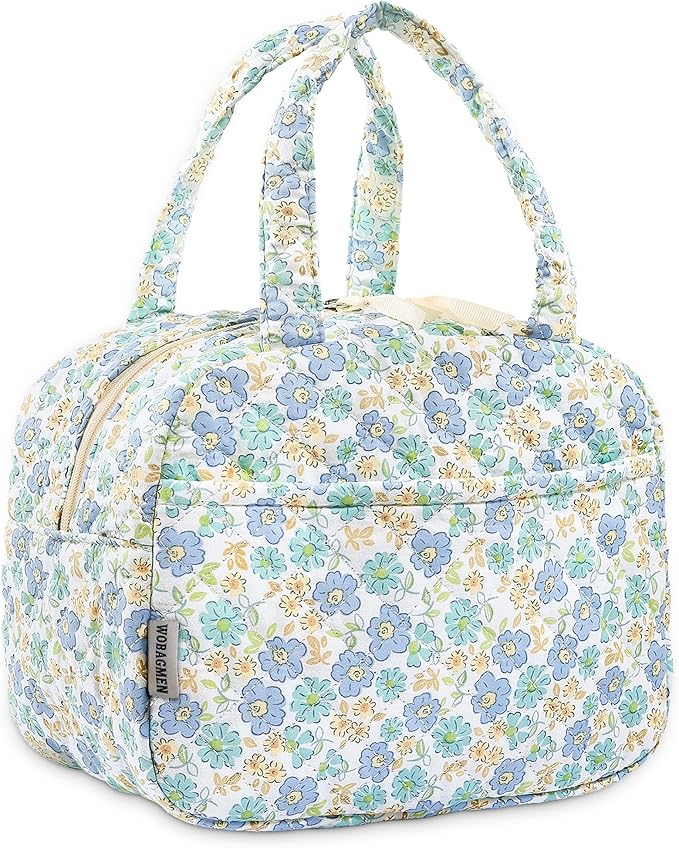 Quilted Lunch Box for Women,Insulated Cute Reusable Lunch Bag with Front Pocket,Pink Flower Stylish Lunch Tote Bag for Work, Office,Picnic, Travel,School (green blue floral)