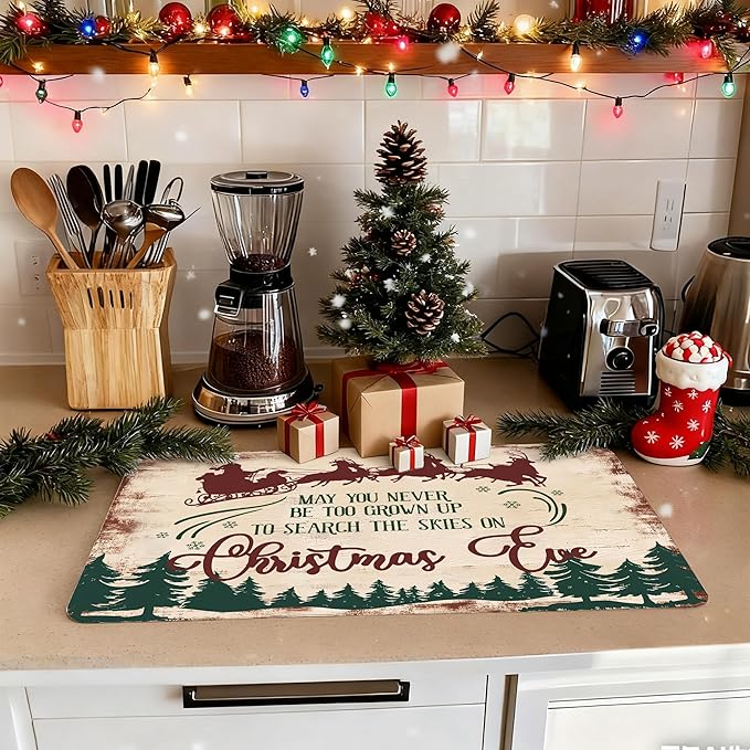 Vintage Christmas Eve Dish Drying Mat, Xmas Santa Reindeer Sleigh Coffee Bar Mat for Countertops, Retro Christmas Tree Absorbent Dish Drying Mats for Kitchen Counter Coffee Maker, 16x24 Inch
