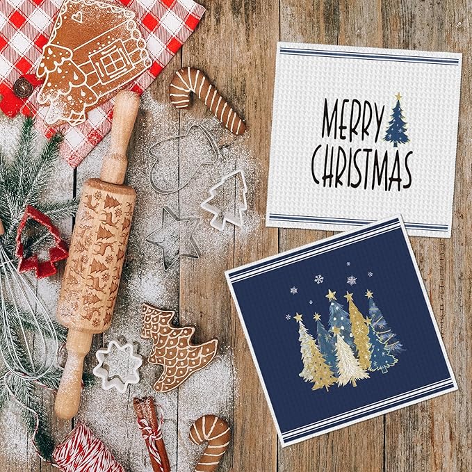 Artoid Mode Blue Star Xmas Tree Merry Christmas Kitchen Dish Cloths, 12x12 Inch Quick Dry Microfiber Dishcloths for Kitchen Dish Rags Set of 2