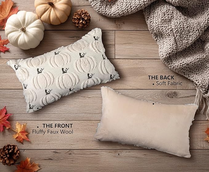 4TH Emotion Fall Pumpkin Decorative Lumbar Pillow Covers 12x20 Set of 2, Beige Soft Plush Faux Fur Wool Farmhouse Throw Cushion Cases for Autumn Thanksgiving Holiday Home Decorations