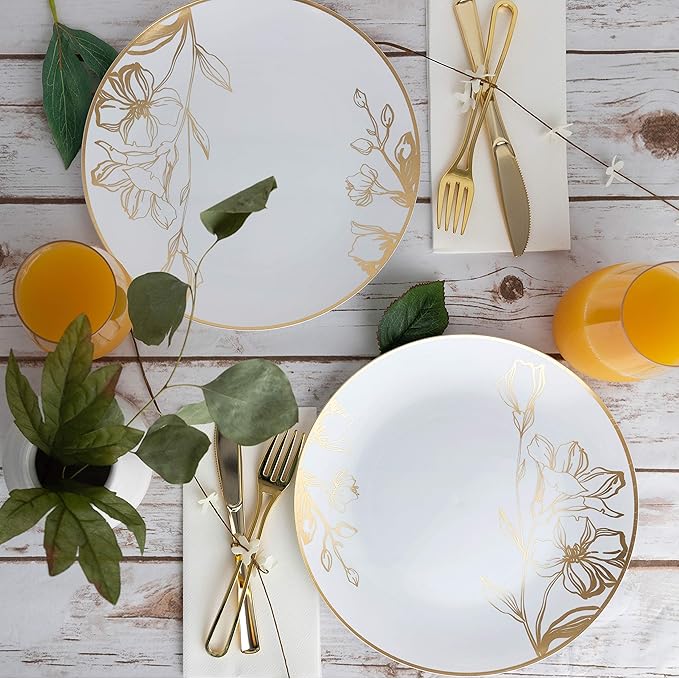 PLASTICPRO White Plastic Floral Design Party Plates With Gold Rim Premium heavyweight Elegant Disposable Tableware Dishes (120, 10'' INCH PLATES)