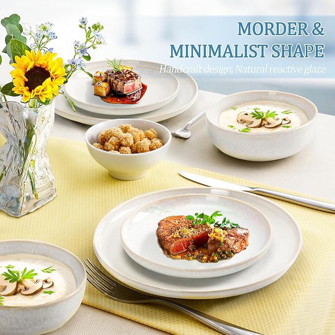 Plates and Bowls Sets, Ceramic Dinnerware Sets, 12 Pieces Modern Stoneware Dinnerware Set for 4, Reactive Glaze Dinnerware Set for Home Kitchen, Scratch Resistant, Microwave and Dishwasher