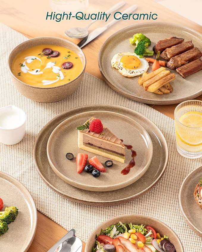 vancasso ANYA 24 Pieces Plates and Bowls Set, Caramel Dinnerware Sets, Reactive Glaze Dishes Set for 8, Ceramic Dishware Sets Kitchen Dinner Set, Microwave & Dishwasher Safe