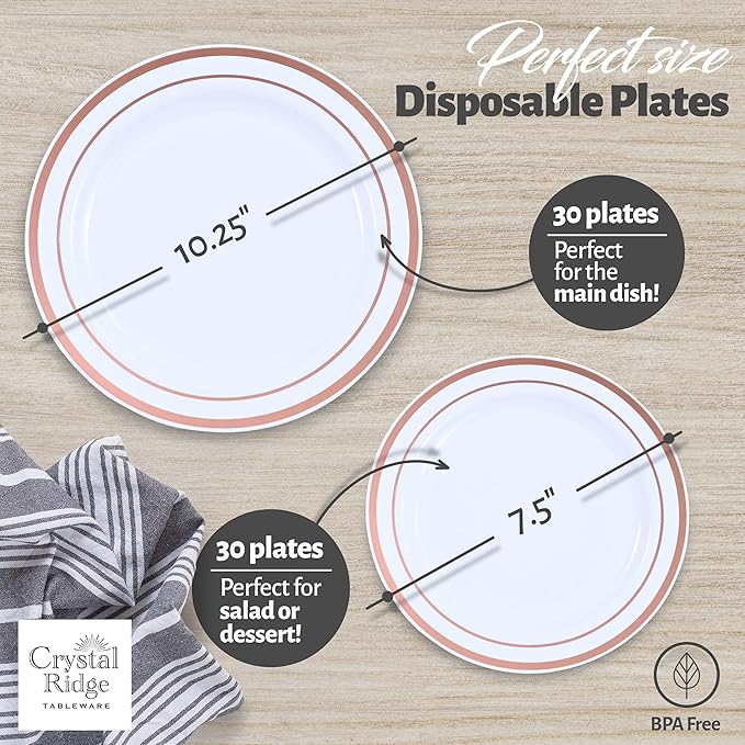 60 Pieces White Plastic Disposable Plates - Premium Heavy-Duty 30 Dinner Plates & 30 Salad Plates with Rose Gold Rim Ideal for Party, Birthday and Special Events