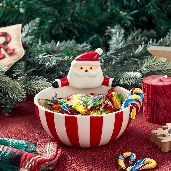 Bico Santa Claus Ceramic Candy Bowl, 18oz – Hand-Painted Holiday Treat Bowl, Christmas Decorative Dish for Candy, Jam, or Sauce – Microwave & Dishwasher Safe