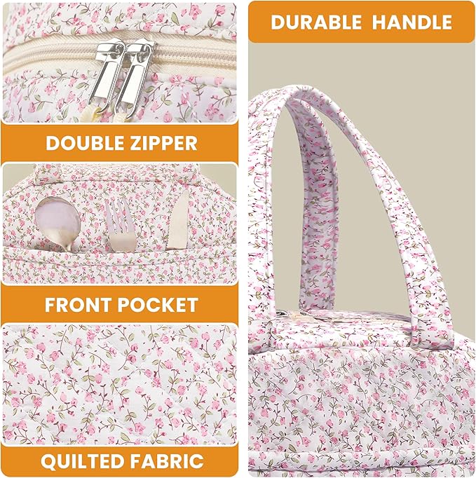 Quilted Lunch Box for Women,Insulated Cute Reusable Lunch Bag with Front Pocket,Pink Flower Stylish Lunch Tote Bag for Work, Office,Picnic, Travel,School (pink floral)