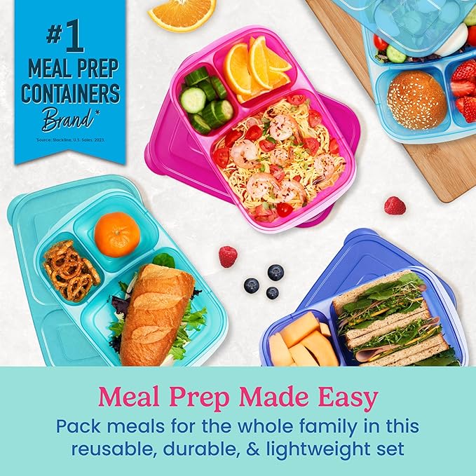 Bentgo Easyboxes - Original Stackable Lunch Boxes - Reusable 3-Compartment Food Containers for Kids and Adults - Bento Lunch Box for Meal Prep, School, & Work - BPA Free, Set of 4 (Jewel Brights)