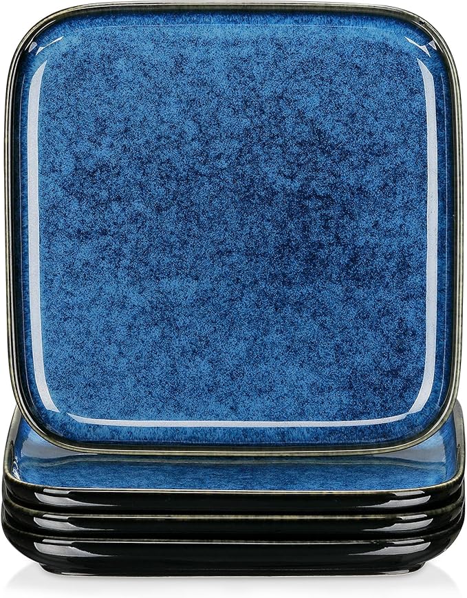vancasso Stern Square Dinner Plates Set of 4, 7.5 Inch Dessert Plates, Reactive Change Glaze Blue Serving Pasta Salad Plate Dish, Scratch Resistant