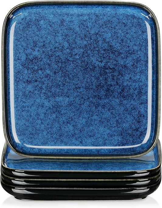 vancasso Stern Square Dinner Plates Set of 4, 7.5 Inch Dessert Plates, Reactive Change Glaze Blue Serving Pasta Salad Plate Dish, Scratch Resistant