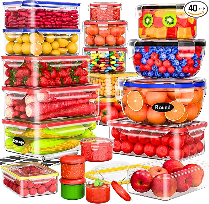 40 Pcs Food Storage Containers with Lids Airtight- Plastic Meal Prep Container for Pantry Kitchen Organization, Microwave, Dishwasher, Freezer Safe -100% Leak Proof (20 Stackable Boxes-20 Lids)