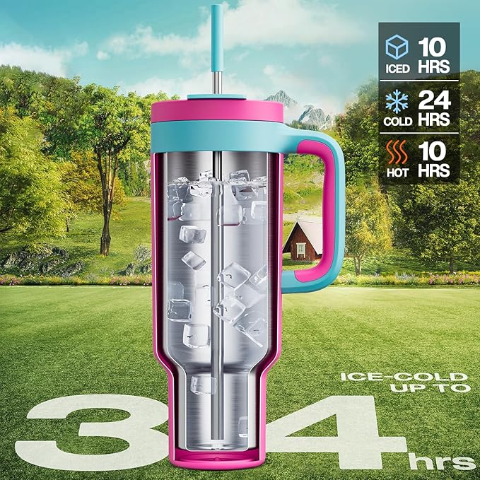 50 oz Tumbler with Handle, 2-in-1 Straw and Sip Lid, Leakproof, Dishwasher Safe, Insulated Stainless Steel Travel Coffee Mug, Keeps Cold for 34 Hours, Fits in Car Cup Holder (Barbie)