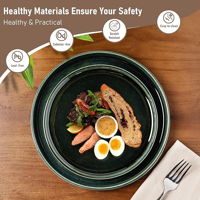 GBHOME Ceramic Dinnerware Sets for 8, 24 Pieces Stoneware Plates and Bowls Sets, Reactive Glaze Dishes -Scratch Resistant, Dishwasher&Microwave Safe, Earth Green