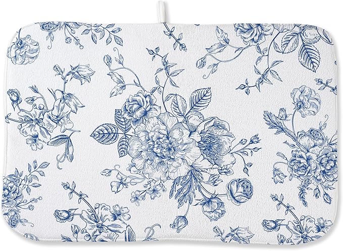 Blue Floral Dish Drying Mats 18x24 Inch Blue and White Chinoiserie Flower Drying Mats Seasonal Vintage Decorative Coffee Bar Mat Absorbent Fast Drying for Kitchen Dining Room Decor