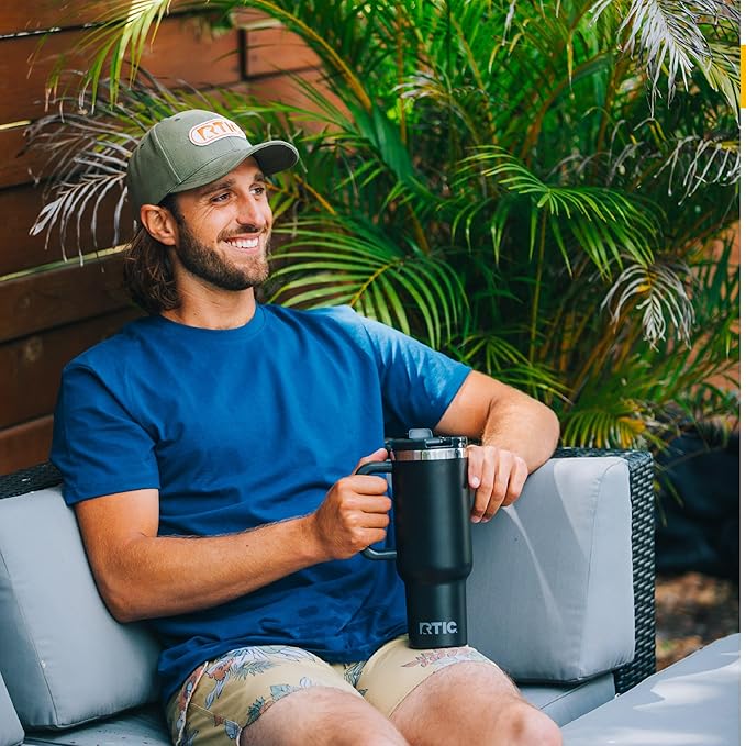 RTIC 30 oz Road Trip Tumbler Double-Walled Insulated Stainless Steel Portable Travel Coffee Mug Cup with Lid, Handle and Straw, Denim