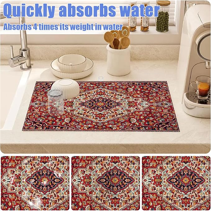 Boho Vintage Ethnic Dish Drying Mat for Kitchen Counter Persian Original Tribal Drying Pad Absorbent Dish Drainer Rack Mats Draining Pad