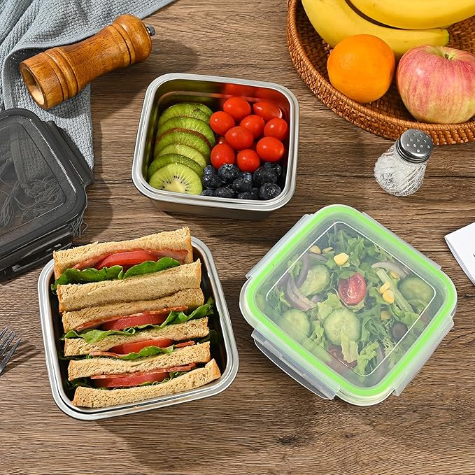 3 Pack Sandwich Containers, 24oz Stainless Steel Sandwich Box with Airtight Lids, Reusable Metal Meal Prep Lunch Boxes, BPA-Free, Dishwasher Safe, Food Storage Containers for Families (Black)