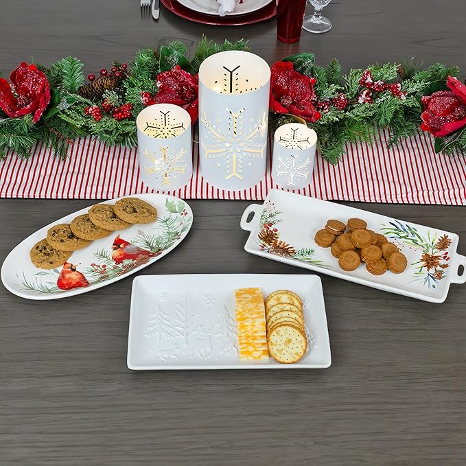 AuldHome Design Reindeer Christmas Tree Platter; Ceramic Embossed White Serving Tray