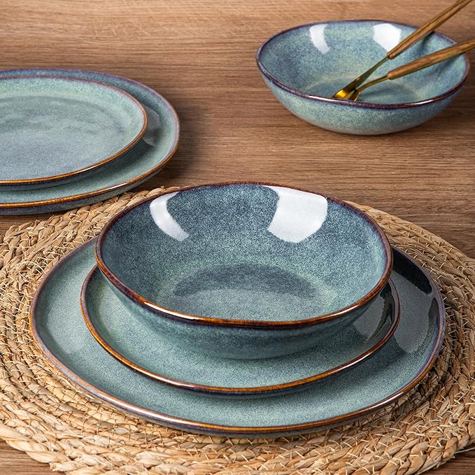 AmorArc Ceramic Dinnerware Sets,Handmade Reactive Glaze Stoneware Plates and Bowls Sets,Highly Chip and Crack Resistant | Dishwasher & Microwave Safe Dishes Set,Service for 4 (12pc)